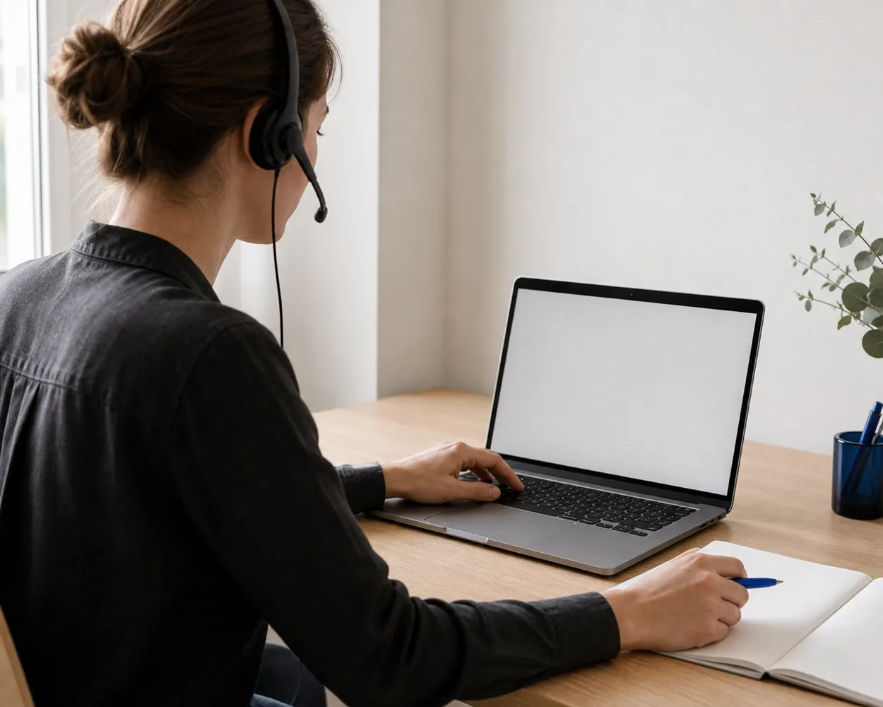 Team member with a headset preparing business documentation at a laptop