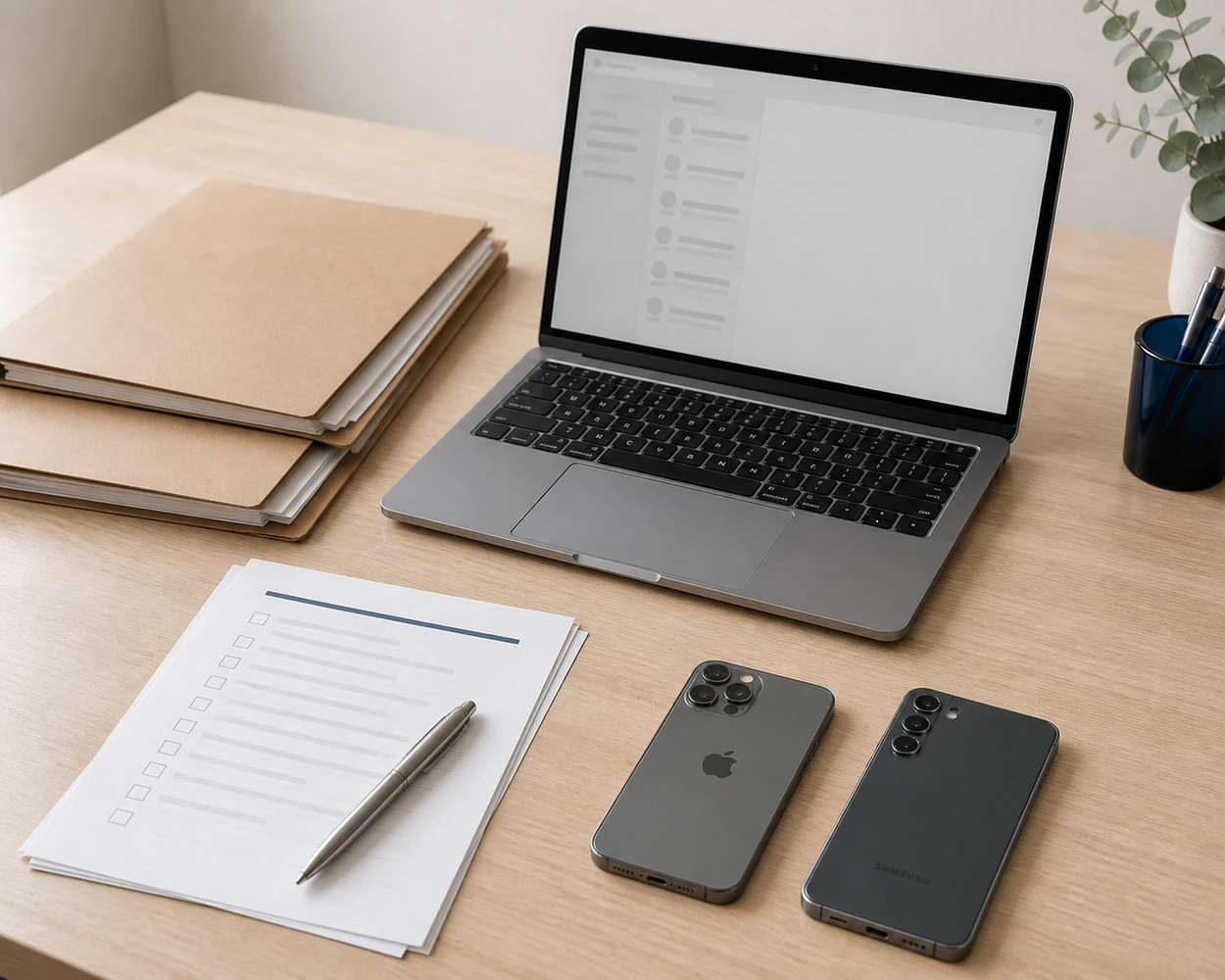 Written business documentation with Apple and Samsung devices on a desk