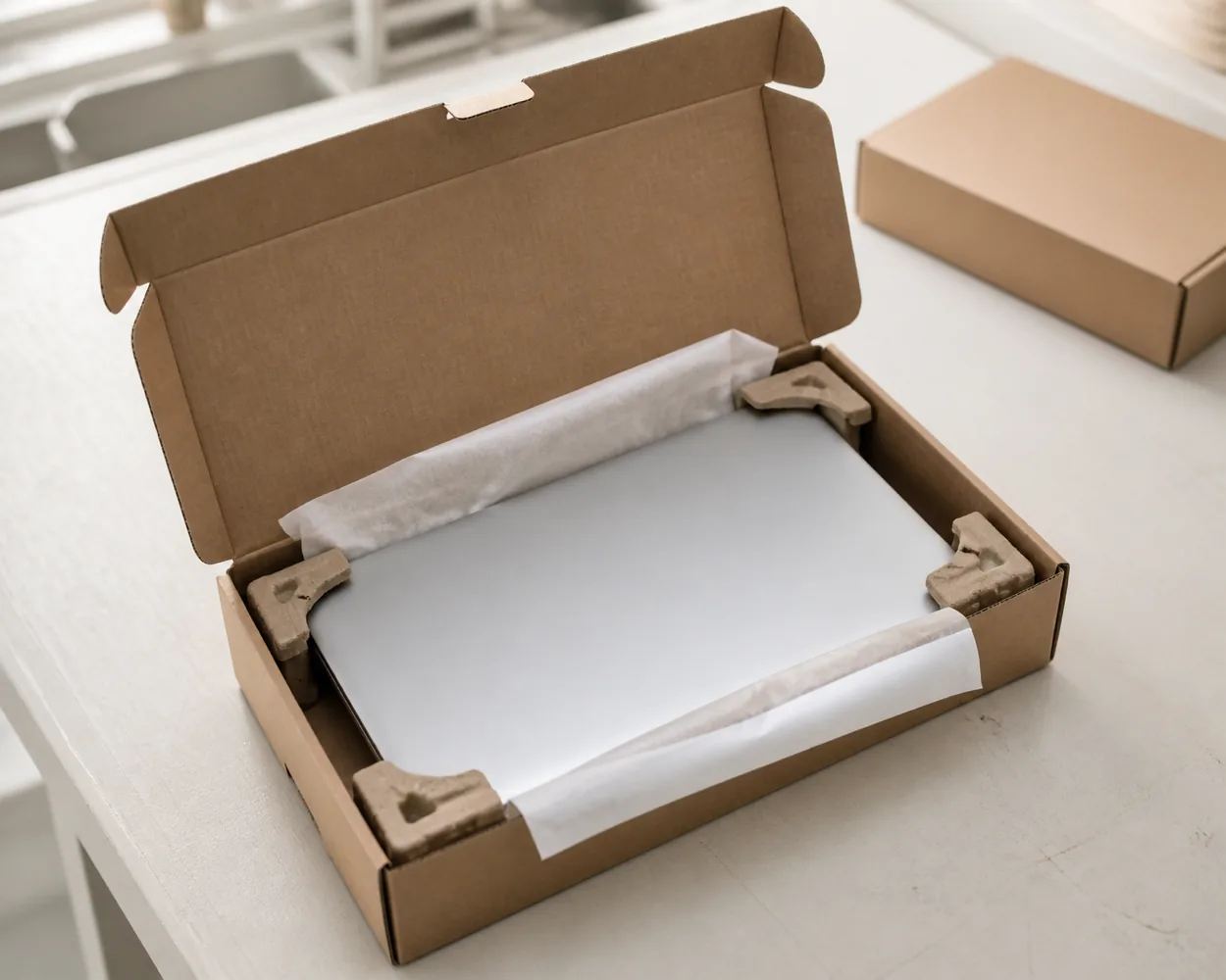 Laptop packed in protective recyclable packaging