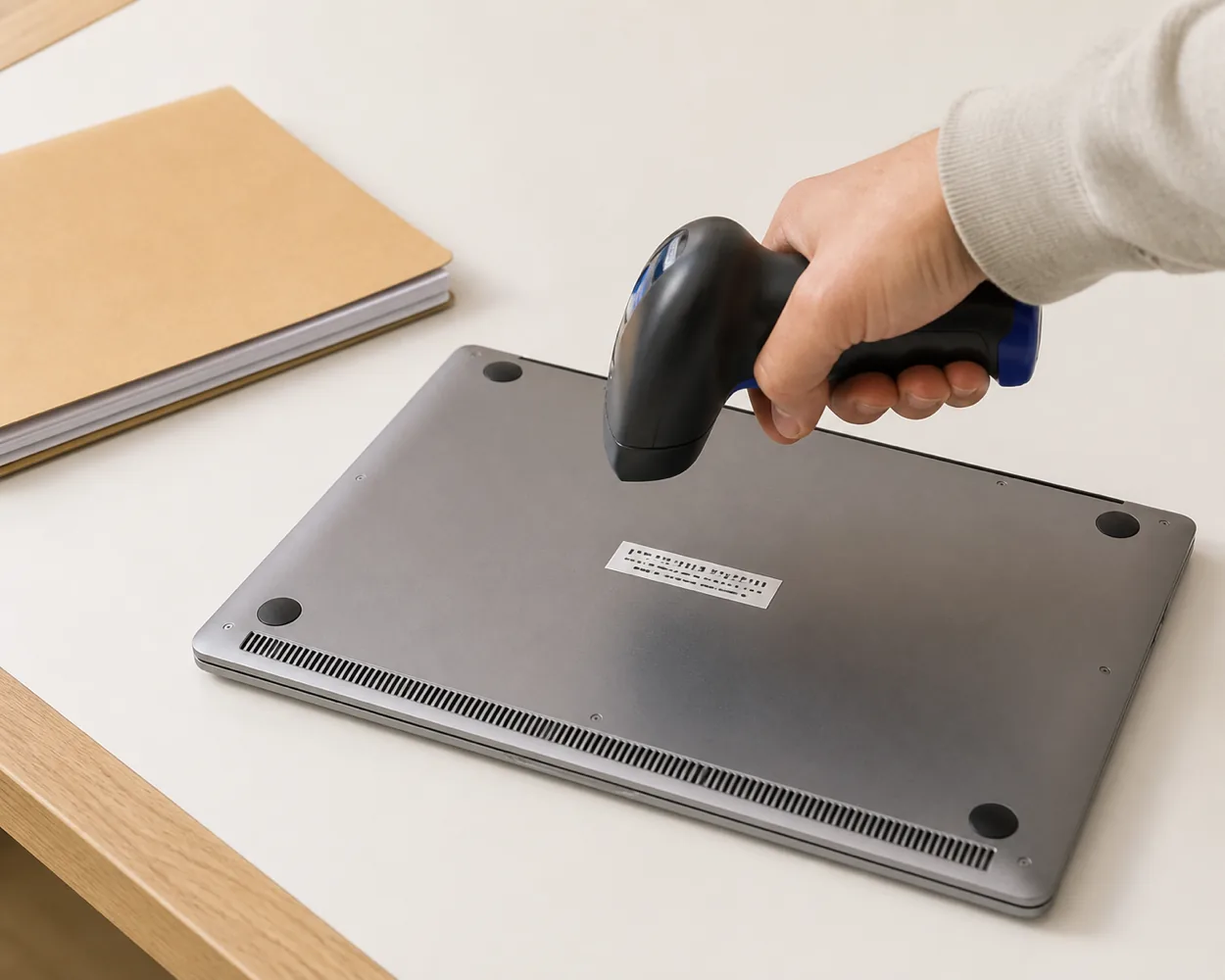 Scanning the serial-number label on the underside of a laptop